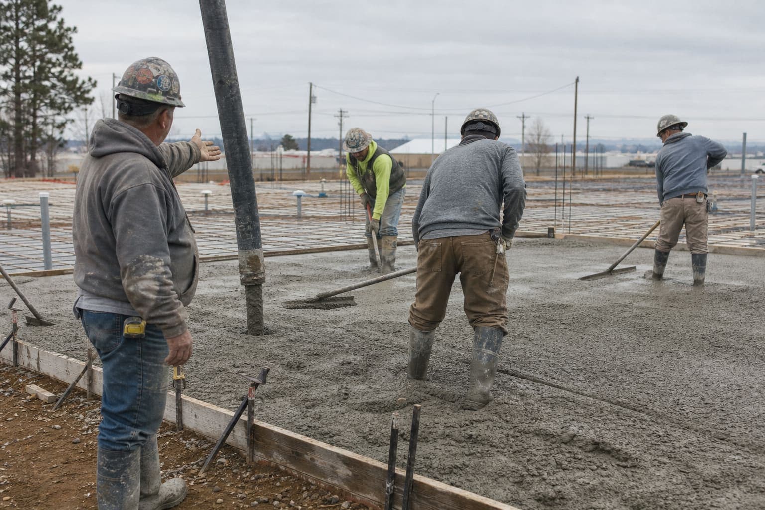 A concrete crew finishing a commercial slab pour