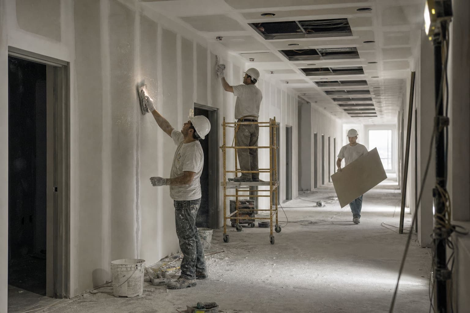 A drywall crew finishing a long commercial corridor