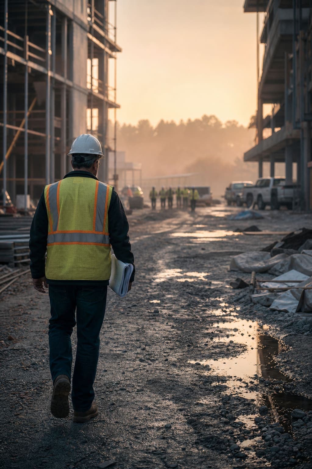 A field supervisor walking a jobsite at first light