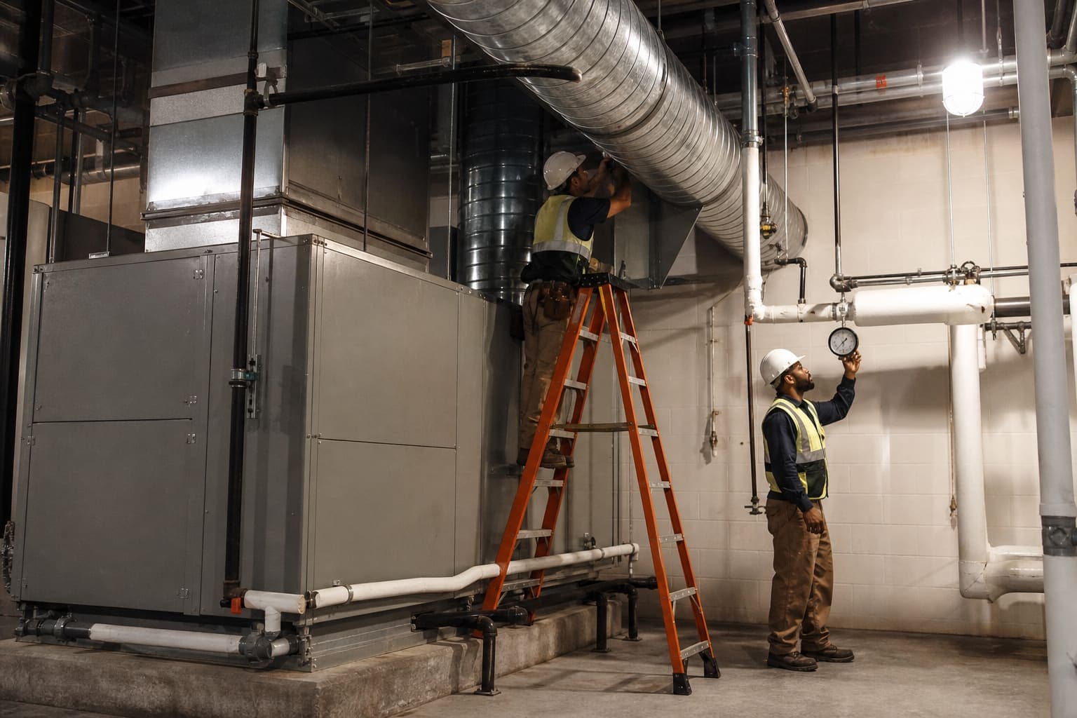 Mechanical contractors working on ductwork in a building mechanical room