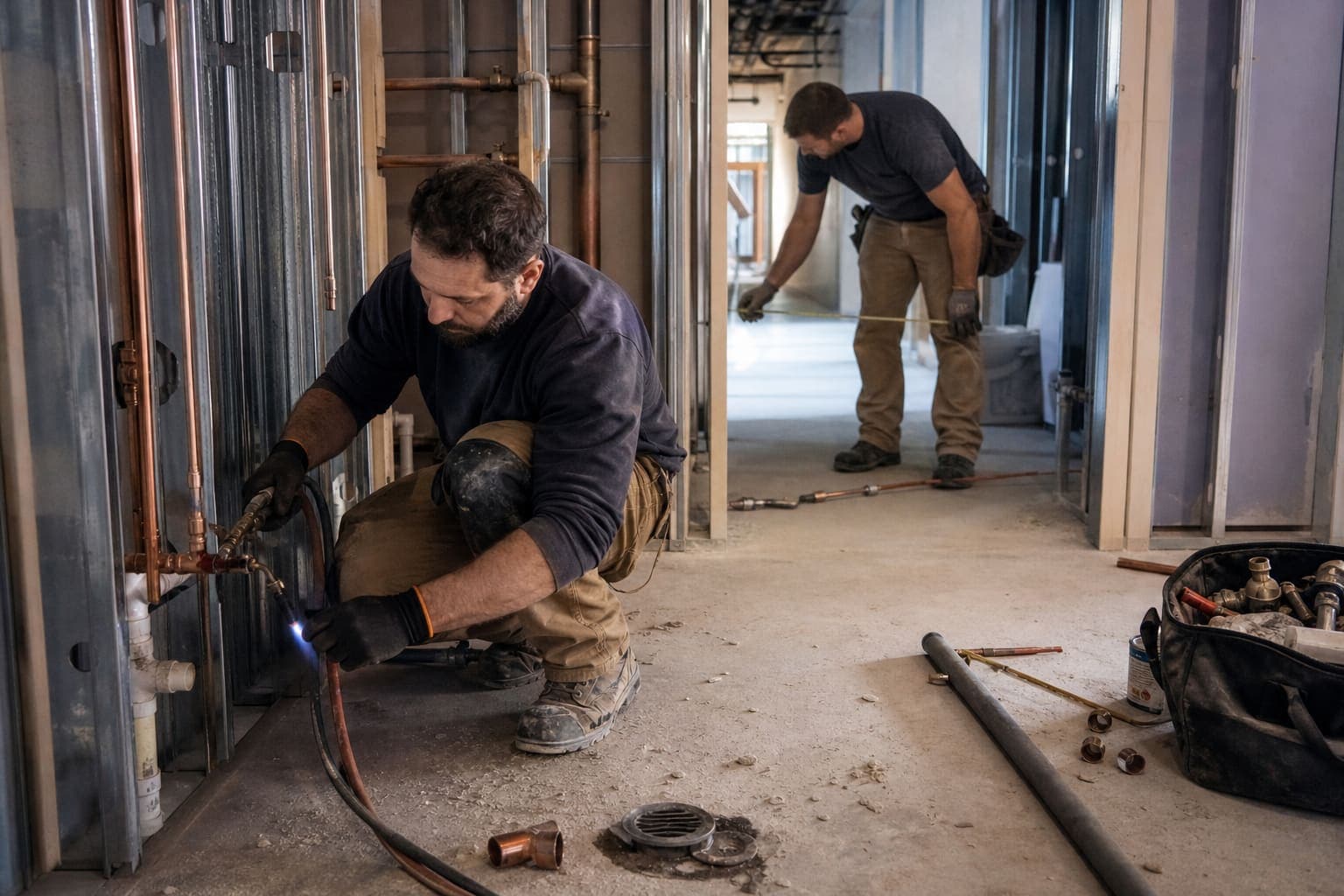 Plumbers installing pipe in an unfinished commercial restroom
