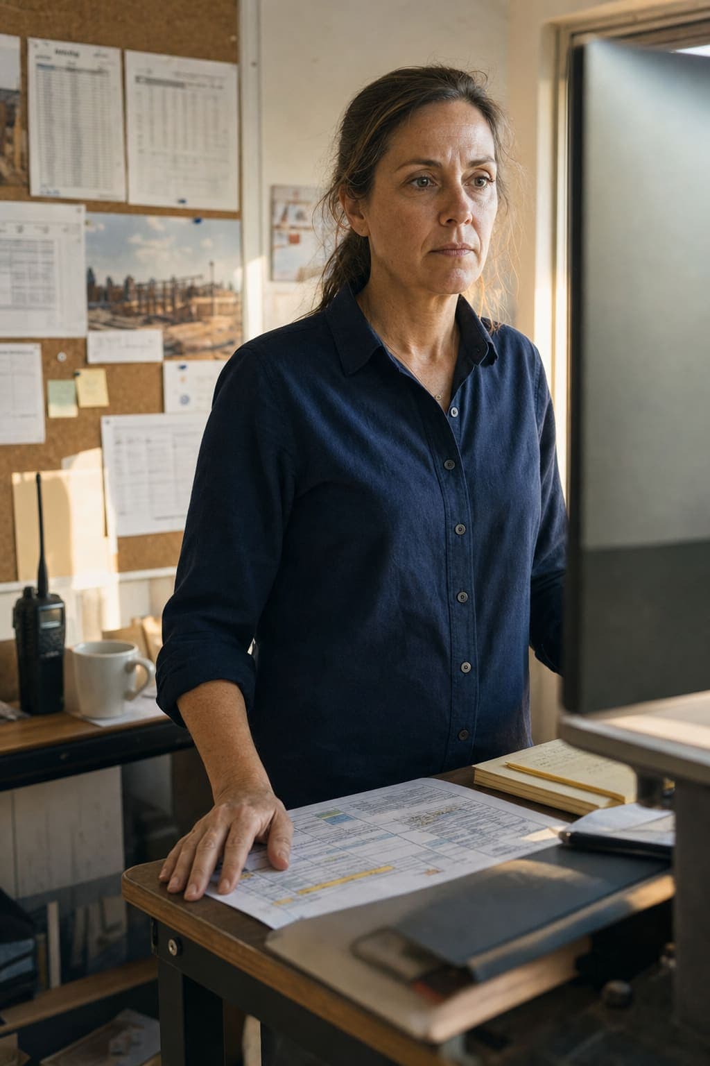A project manager reviews the day's crew plan in a contractor office